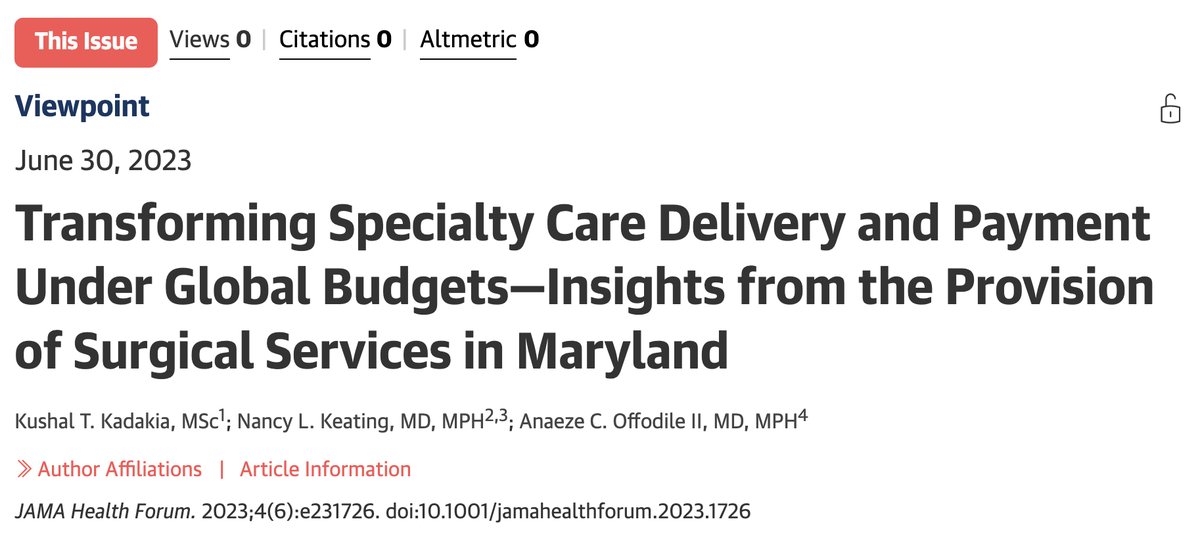 What can Maryland's Global Budget Revenue (GBR) model teach us about the future of payment reforms for specialty care? In @JAMAHealthForum, @NancyKeatingMD, @anaeze_offodile, and I use examples from surgical care to identify lessons for policymakers (1/9)