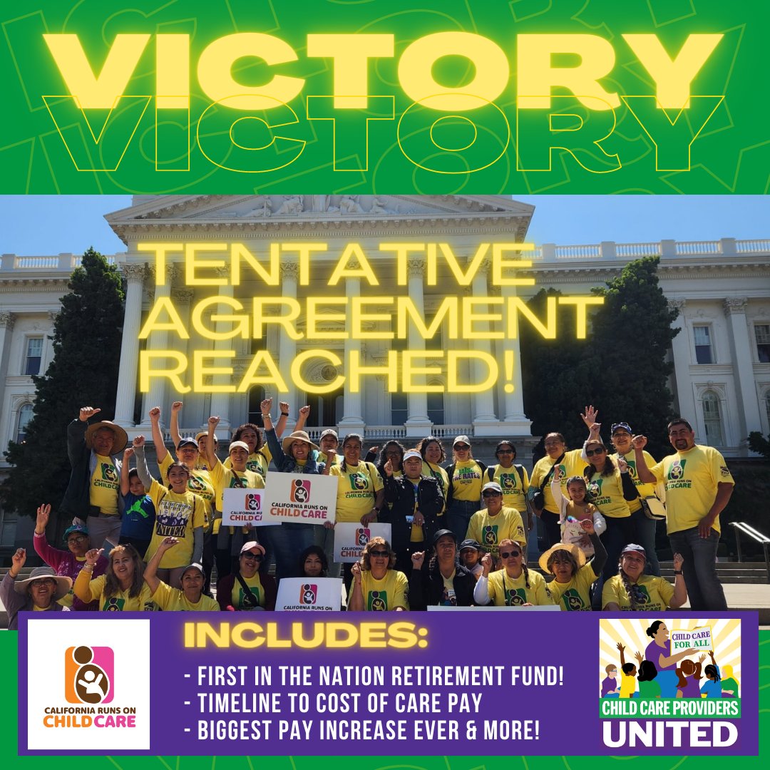 WHEN WE FIGHT, WE WIN! 🎉🎊Our CCPU bargaining team is excited to announce we just reached a tentative agreement on our new, 2-year contract with the State of California! #CARunsOnChildCare#ChildCareForAll