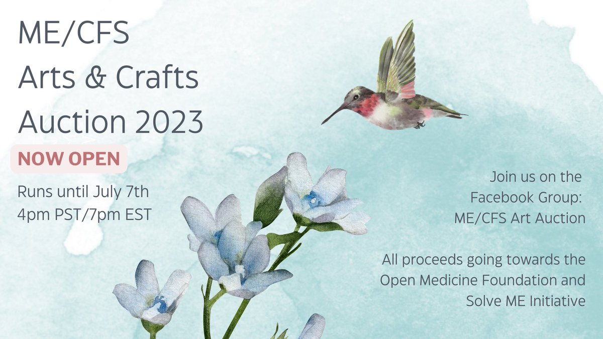 The #MECFS Art &amp; Crafts auction is now officially OPEN!  It runs until July 7th and all proceeds go towards <a href="/OpenMedF/">Open Medicine Foundation</a> &amp;
@PIzSolveCFS. 
Be sure to visit our Facebook group to list or bid on items:
facebook.com/groups/mecfsar….. #endmecfs #artauction #MyalgicEncephalomyelitis #MECFS