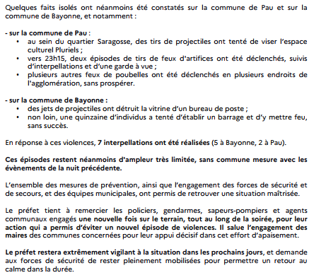 🖋️ #CommuniquéDePresse
Point de situation sur les violences urbaines dans les Pyrénées-Atlantiques dans la nuit du 30 juin au 1er juillet 2023