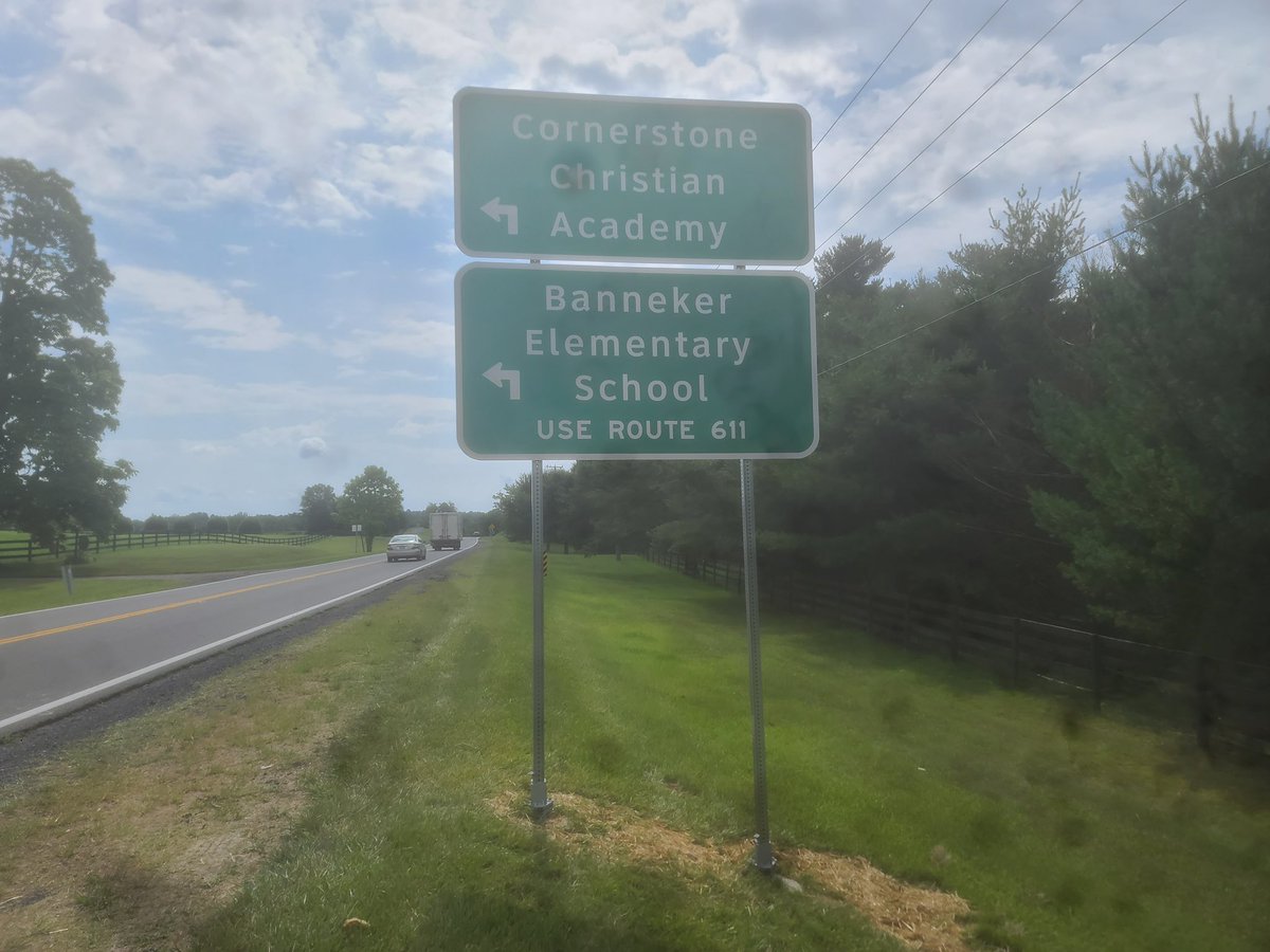 Rdotcarter1's tweet photo. From Safeway to Snikersville TRNPK Every school, public or private, public facility, vineyard, brewery or historical site has a marker. Even schools that closed their doors have a marker. Today I’m proud to share that Banneker is now among those VDOT markers. #BAN75. @Banneker_ES https://t.co/fZSloZ1AIi