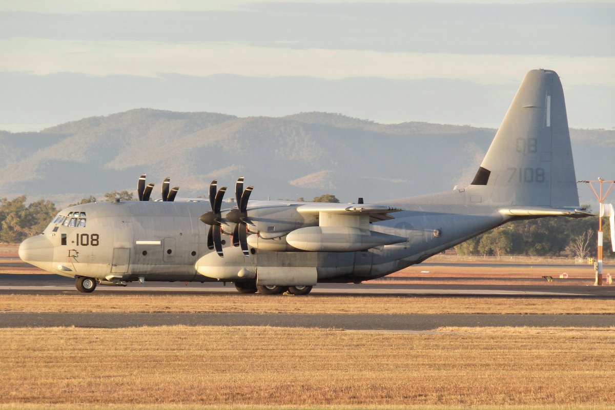 cqplanespotting's tweet photo. The @USMC U.S. Marine Corps (#USMC) Lockheed KC-130J Hercules 167108 / QB-7108 of #VMGR352 is also still parked at #Rockhampton Airport Saturday morning after arriving yesterday from RAAF Richmond as “Raider 52”. https://t.co/y0IfXAD66P