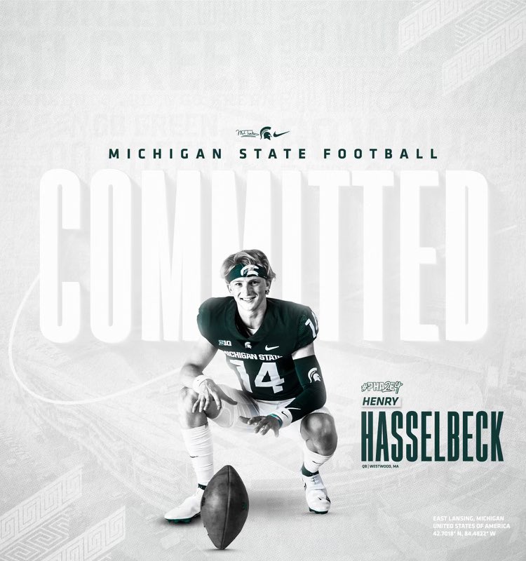 Excited to announce that I have committed to play football at Michigan State! @MSU_Football @Coach_mtucker @JayJohnsonFB @MSUFBRecruiting @JakeReiling97 @CoachCKap @M2_QBacademy @XBHS_Football #GoGreen ⚔️ 🟢⚪️
