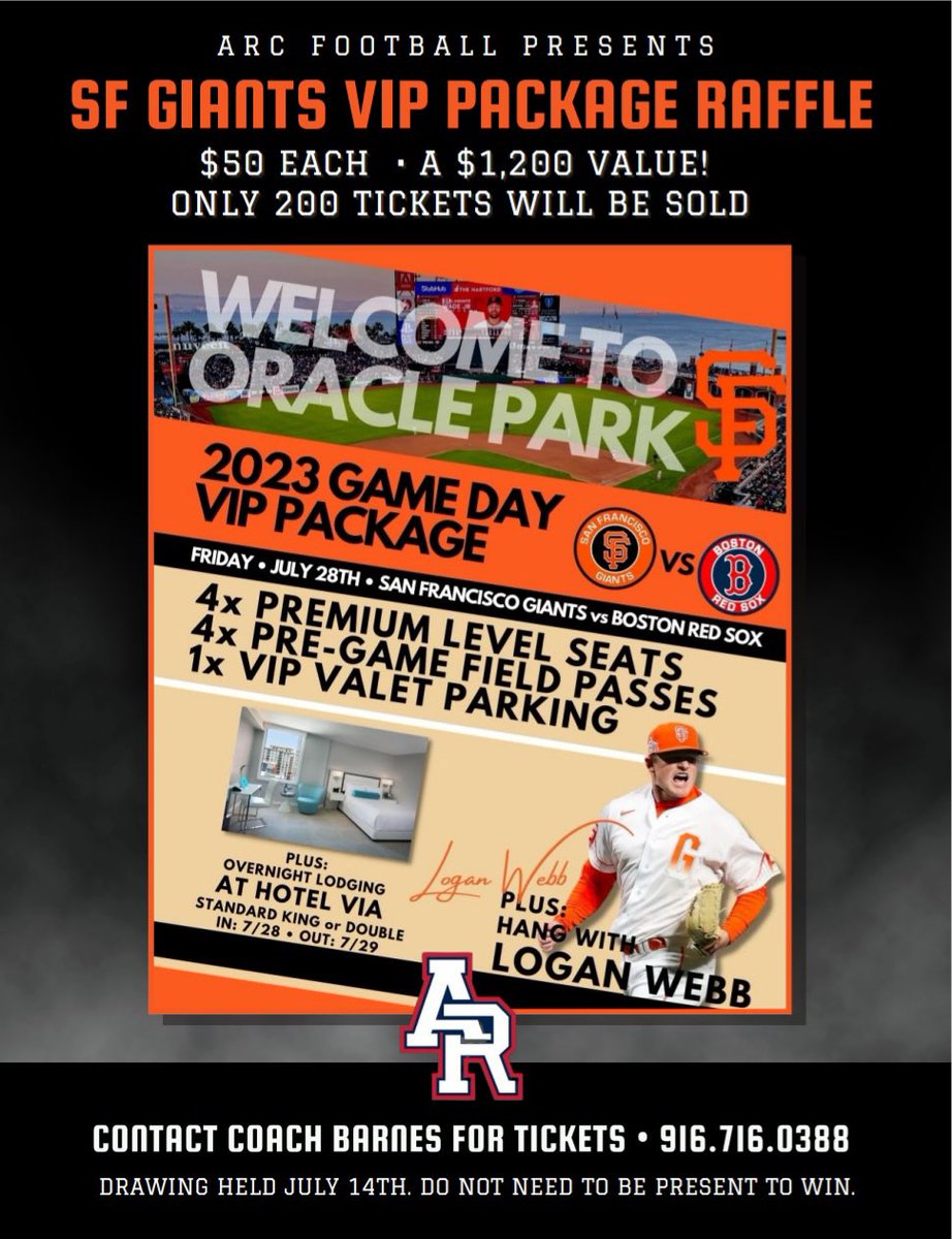 SF Giants VIP package is being raffled off to support #ARCFootball! Limited tickets available.  Big thanks to Logan Webb &amp; <a href="/RocklinFootball/">Rocklin Football</a> for their generosity!  #BeaverBall #SFGiants <a href="/Coach__Barnes/">Coach Barnes</a> <a href="/Coach_Ohout/">Coach O</a>