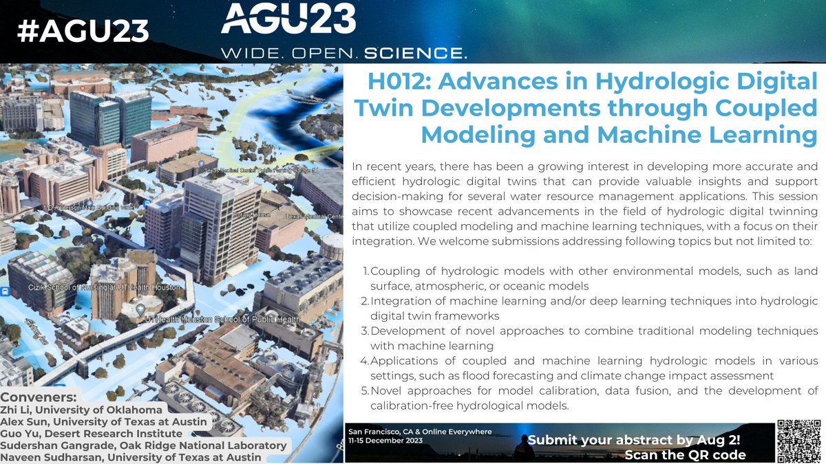 Dive into the world of #hydrologic #DigitalTwins at our upcoming #AGU23 session! Witness recent advancements in hydrologic digital twinning, exploring the power of coupling models and ML techniques. 
https:/agu.confex.com/agu/fm23/prelim.cgi/Session/186721