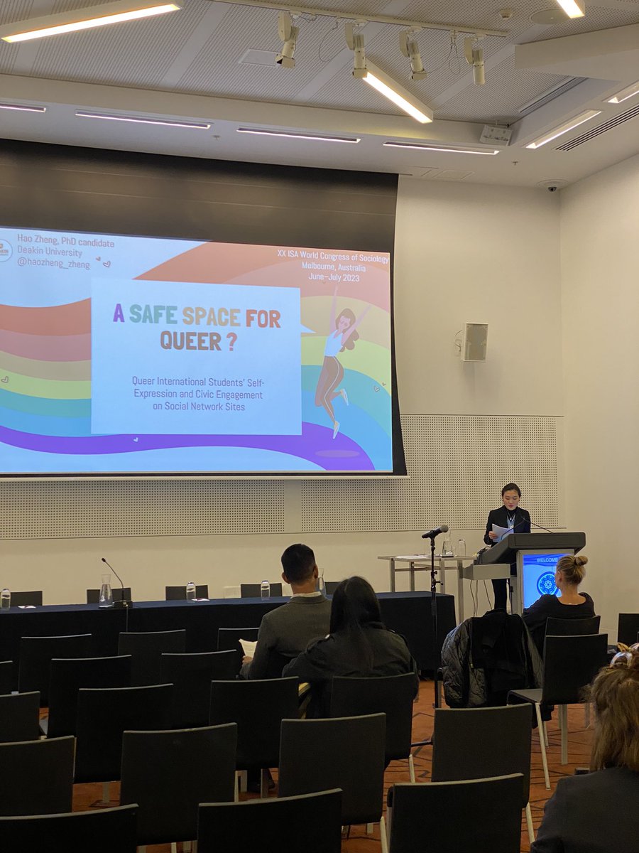 Septrin_Calamba's tweet image. @Deakin_ADI PhD student, @haozheng_zheng , presents her PhD project which examines queer international students’ use of social network sites in the presence of heteropatriarchal surveillance and censorship of their queer identity. #ISAWCS23