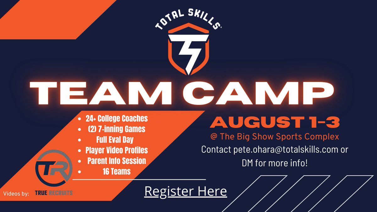Total Skills is looking to fill 1 spot for our Team Camp coming up on August 1st. Contact Pete O’Hara at the email below or DM for more information!