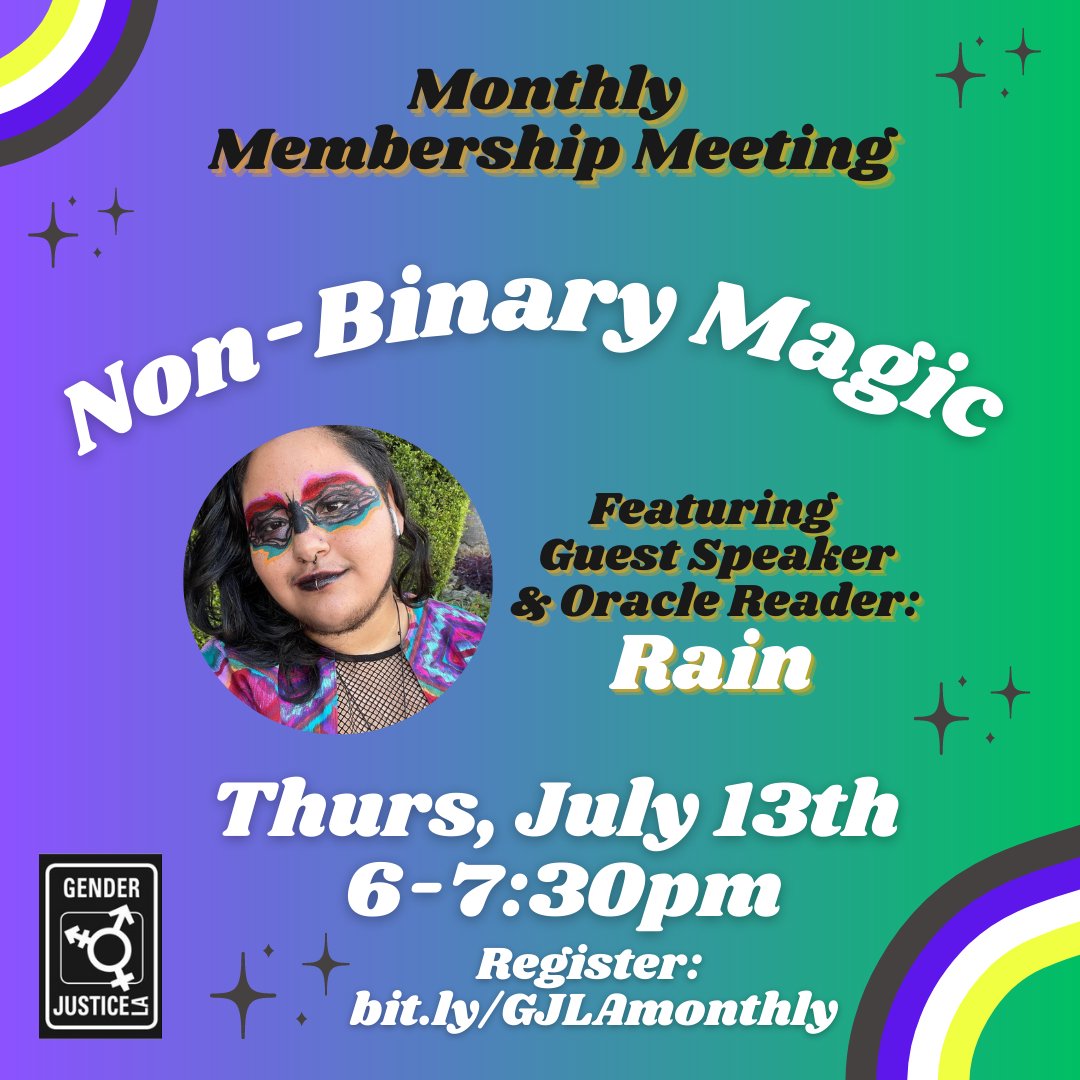 Join our Monthly Membership Meeting for Non-Binary Magic with the wonderful Rain, an oracle reader, who will hold a workshop with us! Register: bit.ly/GJLAmonthly. Get the latest COVID updates and be in community with fellow TGI! For COVID resources: ph.lacounty.gov/coronavirus