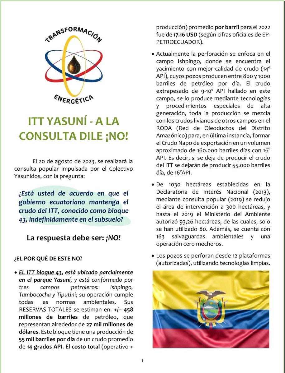 Análisis sobre la consulta ITT Yasuní y los graves impactos del cierre y desmantelamiento de las operaciones en el bloque 43.

Ayúdame con un RT y los hashtags #VotoNo #ConsultaPopularYasuní

Accede al documento completo aquí:
drive.google.com/file/d/1BgVt4h…
