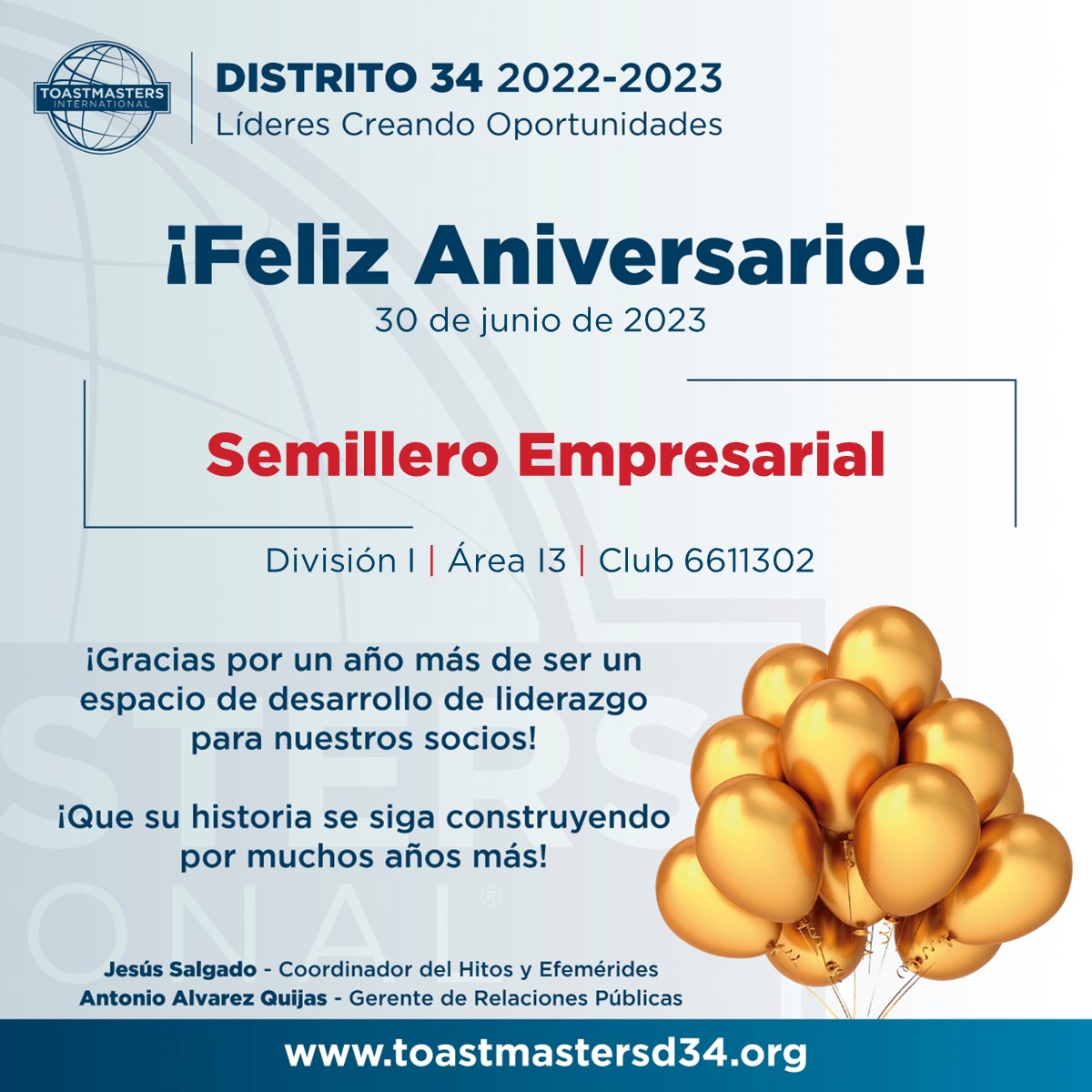 ToastmastersD34's tweet image. - Villacoapa - Área G3 - 30 de junio de 2017
- Semillero Empresarial - Área I3 - 30 de junio de 2017

El #Distrito34 les desea que sea un año lleno de éxito y que su historia se siga escribiendo por años.

#ToastmastersMéxico
#LíderesCreandoOportunidades
#DondeSeHacenLosLíderes
