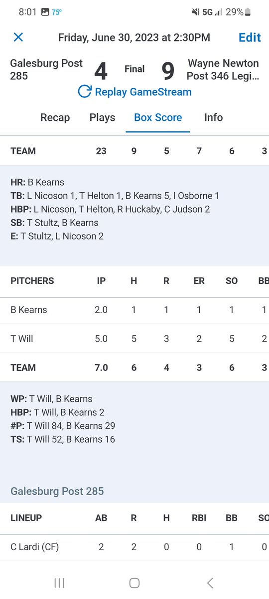 Post346's tweet photo. Post 346 defeated Galesburg Post 265 9-4.  1-0 in pool play at Leo Brunner tourney on Moline.  Next PP game at 8:30 tomorrow morning.  

Tyler Will (W) 5 IP, 5 Ks, 2 ER
Ben Kearns: Save, 2-3, 4 RBI, Grand Slam
Tucker Helton: 1-3, 1 RBI
Ross Olsen: 1 RBI
Isaak Osborne: 1-4, 1 RBI https://t.co/0XmPvGwgvQ