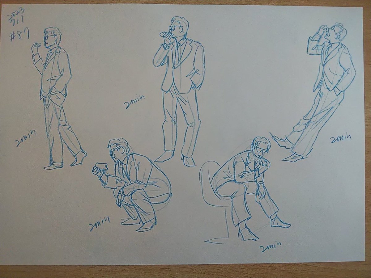 #さとまこクロッキー
#今日のクロッキー

＃87&amp;88
88、超アオリ！何を使って描くべきか攻略できず。下を大きく上を小さくってわかってるんだけど、大きさが寄ってきちゃう。
87の立ち食いポーズも雰囲気あって好きです。 https://t.co/FkbwtlXSwS