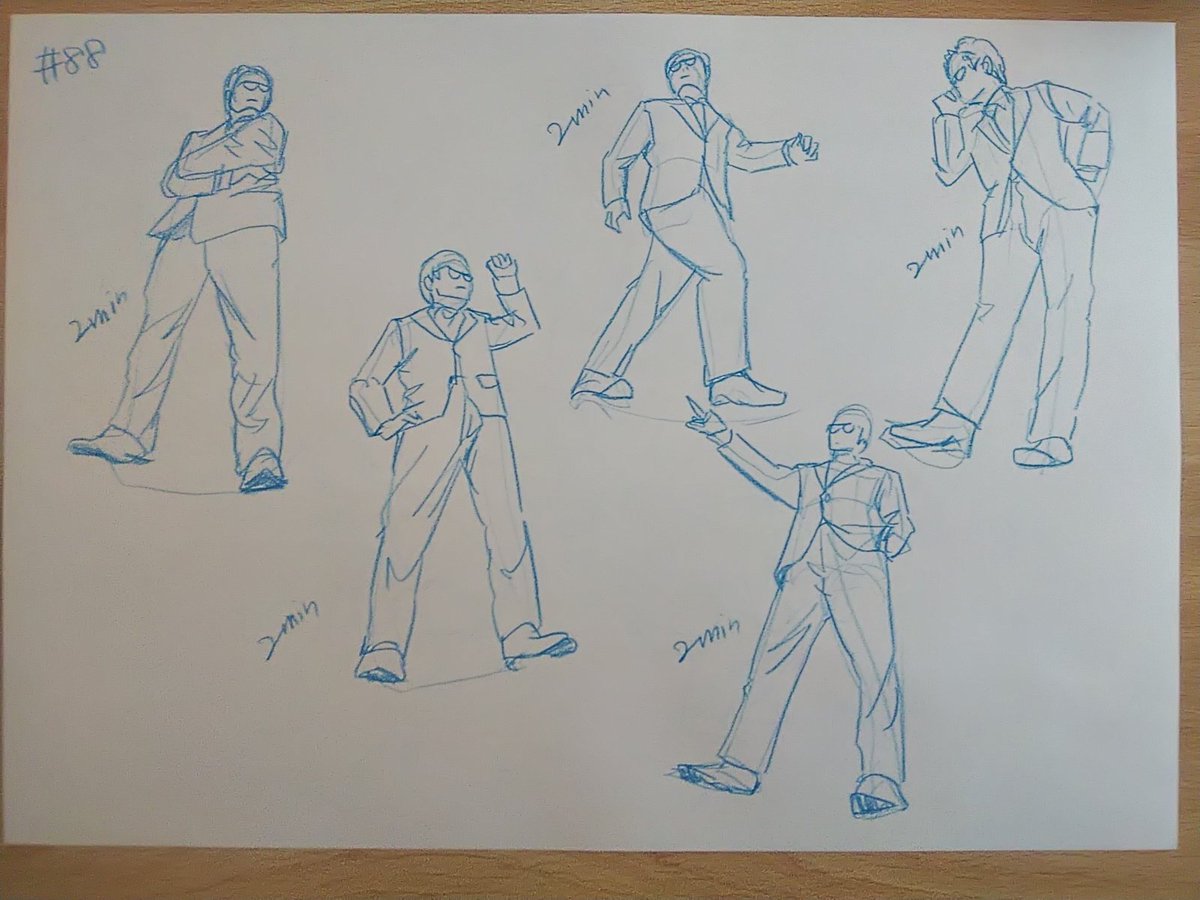 #さとまこクロッキー
#今日のクロッキー

＃87&amp;88
88、超アオリ！何を使って描くべきか攻略できず。下を大きく上を小さくってわかってるんだけど、大きさが寄ってきちゃう。
87の立ち食いポーズも雰囲気あって好きです。 https://t.co/FkbwtlXSwS