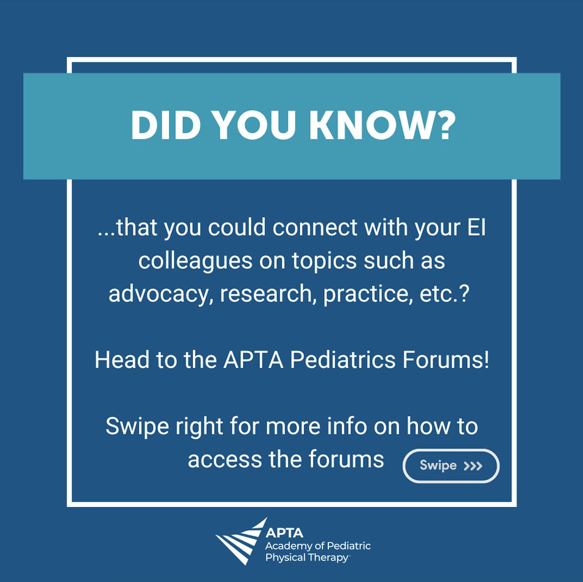 AcadPedPT's tweet photo. Hey EI SIG members - Connect & collaborate about with other EI PTs and researchers via the APTA Pediatrics Forums Early Intervention Practice Discussions - Let's talk ADVOCACY this month! #pedsPT #EISIG #EIForums https://t.co/kIZ37dgWPy