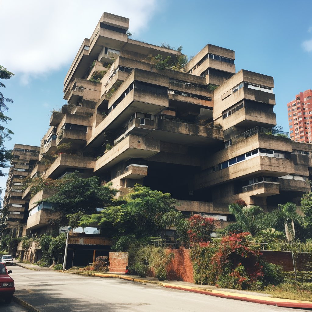 Le pedí a midjourney arquitectura brutalista venezolana de los años 70 y me dio un híbrido entre el Multicentro Empresarial del Este con el Teresa Carreño en ruinas y un edificio súper raro de Puerto la Cruz que se llama  "El Árbol para Vivir".

Interesante.
