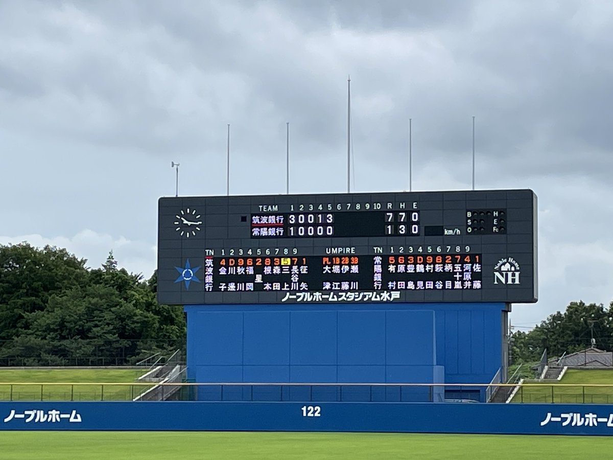 天皇賜杯茨城県大会 決勝　 5回終了 筑波銀行 7-1 常陽銀行 筑波銀行は5回4番福岡選手の3ランで突き放しています。