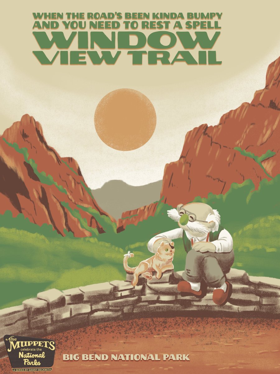 🏕️ 'The Muppets Celebrate the National Parks'  with Pops and Gaffer taking a well-earned rest to check out the Window at Big Bend ⛰️ Looks like they found their own Happiness Hotel

#themuppets #jimhenson #bigbendnationalpark #posterdesign