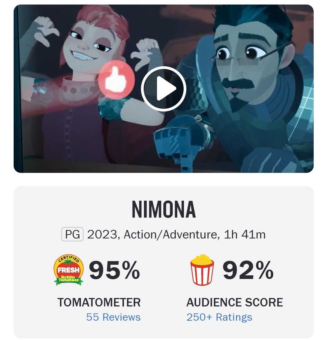 ‘NIMONA’ is now Certified Fresh on Rotten Tomatoes 🍅