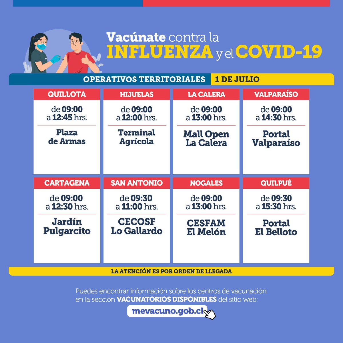 SaludSsrv's tweet photo. 📣 Conoce los operativos territoriales de vacunación contra el COVID-19 y la Influenza de mañana sábado 1 de julio en distintos puntos de la región 💪🏻

👉🏻 Vacúnate para reforzar tu sistema inmunológico y estar protegidos este invierno.
#PresentesPorUnMejorFuturo 🇨🇱 https://t.co/Ja5uOh1DAi