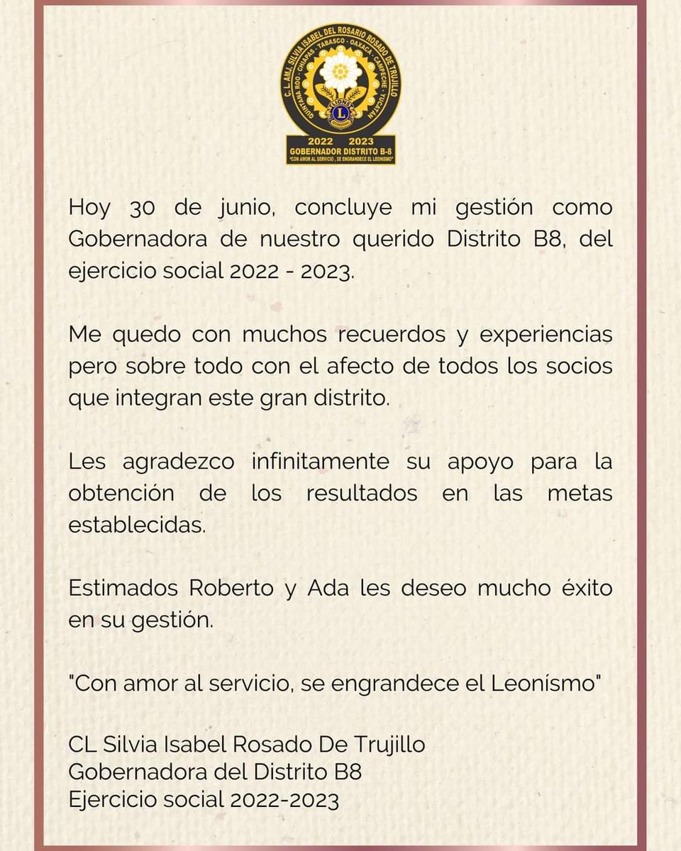 B8Distrito's tweet photo. Concluye mi gestión como Gobernadora del DB8.

Me quedo con muchos recuerdos y experiencias pero sobre todo con el afecto de los socios.

"Con amor al servicio, se engrandece el Leonísmo"

#𝑵𝒐𝒔𝒐𝒕𝒓𝒐𝒔𝑺𝒆𝒓𝒗𝒊𝒎𝒐𝒔
#𝑱𝒖𝒏𝒕𝒐𝒔𝑷𝒐𝒅𝒆𝒎𝒐𝒔 https://t.co/9L9tBfFPy2