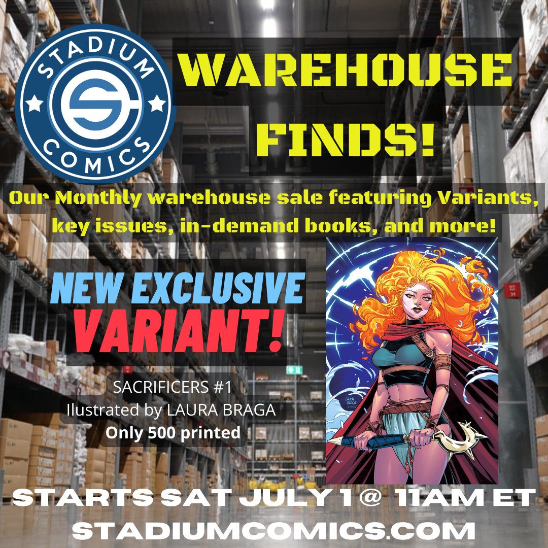 Pre-orders for our SACRIFICERS #1 Exclusive variant by @laurabraga_rt AND our July WAREHOUSE FINDS sale both start Saturday July 1st at 11am ET! - mailchi.mp/stadiumcomics/…