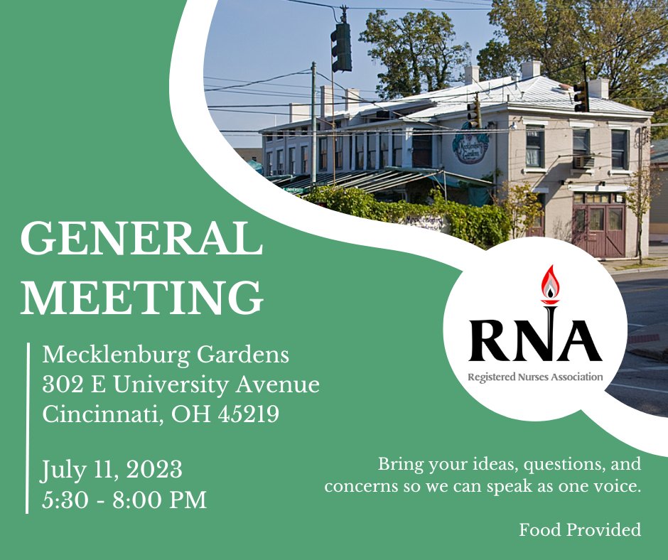 Mark your calendars and have your voice heard at our upcoming general meeting!
Call-in line available for virtual attendance. Email rna@cincynurses.org by 2pm on July 11, 2023 for the link.

Upcoming meetings:
October 10, 2023 (close out nominations)
November 7, 2023 (Elections)