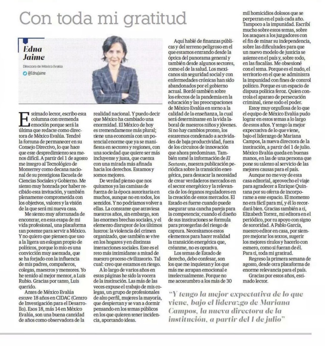EdnaJaime's tweet photo. El día de hoy cierro un ciclo de 14 años como Directora General de @mexevalua, pienso en todo el andar, en el florecimiento de la institución y en nuestra incidencia en algunos temas clave. A partir del 1 de agosto mis esfuerzos estarán en una nueva institución. Aquí les cuento⬇️ https://t.co/2UU2a94SXi