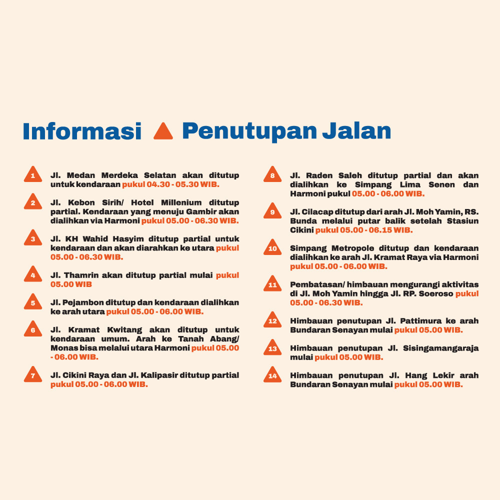 hariankompas's tweet photo. Pada 2 Juli 2023, akan ada 14 titik penutupan dan pengalihan jalan di sekitar rute #LPSMonasHalfMarathon. Tim mengimbau masyarakat untuk menghindari 14 titik jalan pada jam yang sudah ditentukan.

Info selengkapnya @monashalfmrthn @lps_idic
#RestartForChange #LPSIndonesia #Info https://t.co/oodQHjaGzX