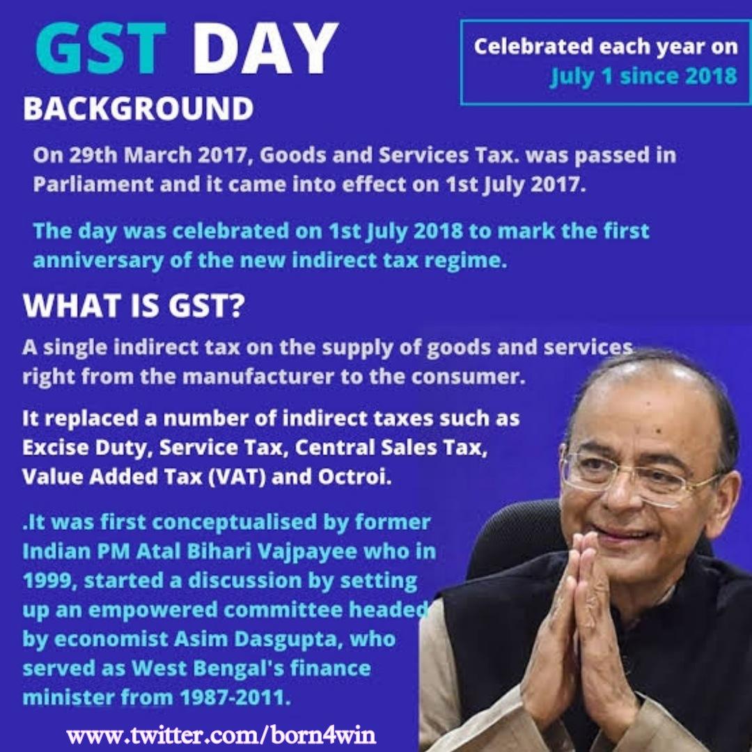 BORN4WIN's tweet image. #GSTDay

What is GST?
- Goods&amp;amp;ServicesTax

GST slabs?
- 5%,12%,18%&amp;amp;28%

What are CGST&amp;amp;SGST?
- Central&amp;amp;State

GST implemented on?
- 1-7-2017

The constitutional amendment of GST is?
- 101st

The items not affected by GST?
- Crude oil, diesel, petrol, natural gas, jet fuel &amp;amp; liquor