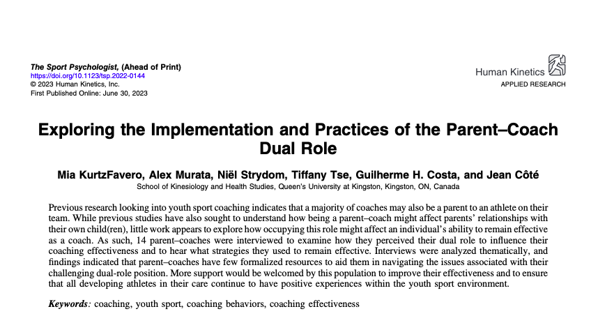 mia_jkf's tweet photo. Exploring the Implementation and Practices of the Parent-Coach Dual Role is now published📚 in @Human_Kinetics !!

Huge thanks to @realAlexMurata @StrydomNiel @TiffanyMTse @jeancote46 for their support🙌
#youthsport #sportpsychology #parentcoaches 

https://t.co/pBoe2VHh7v https://t.co/onoenQuVBM