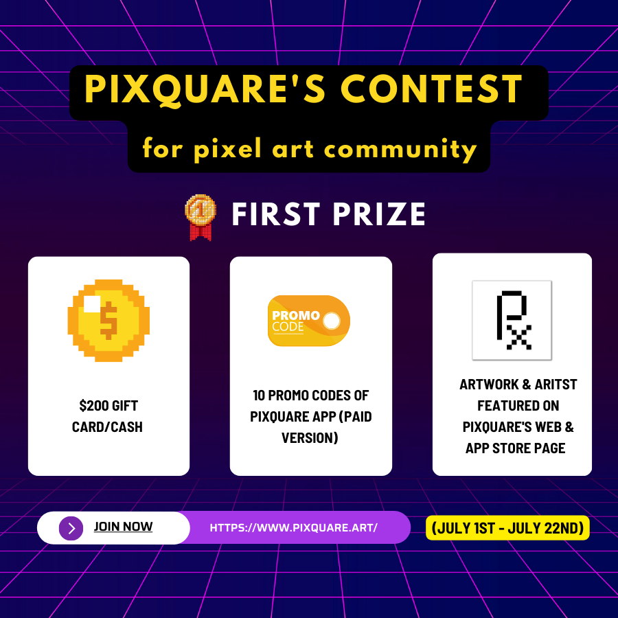 Snguyen5011's tweet photo. A fun activity for pixel art lovers this July! Join #pixquare_contest now to win nice prizes 🔥      

🥇1st prize: $200, 10 promo codes for Pixquare &amp; more! 🥈2nd prize: $100, 5 promo codes for Pixquare!  

👇Details below! Retweet this to join! https://t.co/m1Q2wzvetF