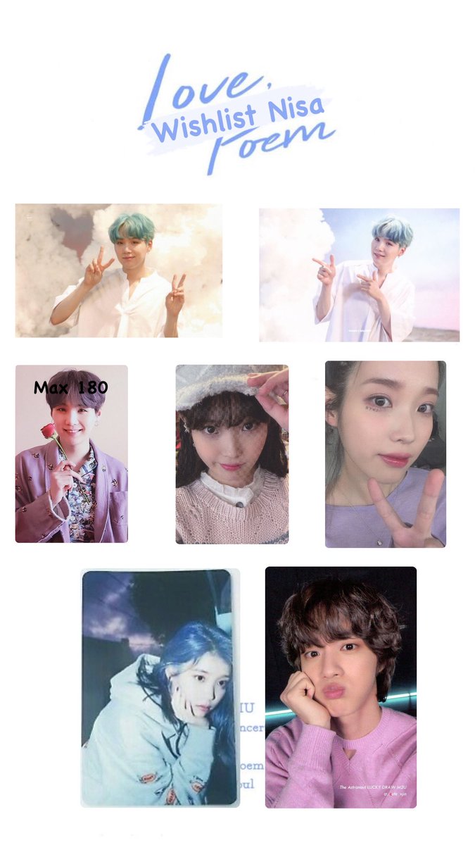 Bismillah wtb wtb wtb

#WTB #photocardbts #suga #jin #iu #pasarBts