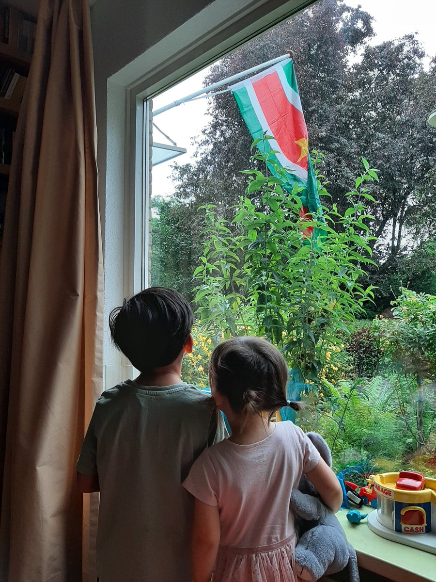 Trots op kleinzoon Senna, net gearriveerd met zijn zusje, die wist dat dit de vlag van Suriname was. Het zaadje is geplant!