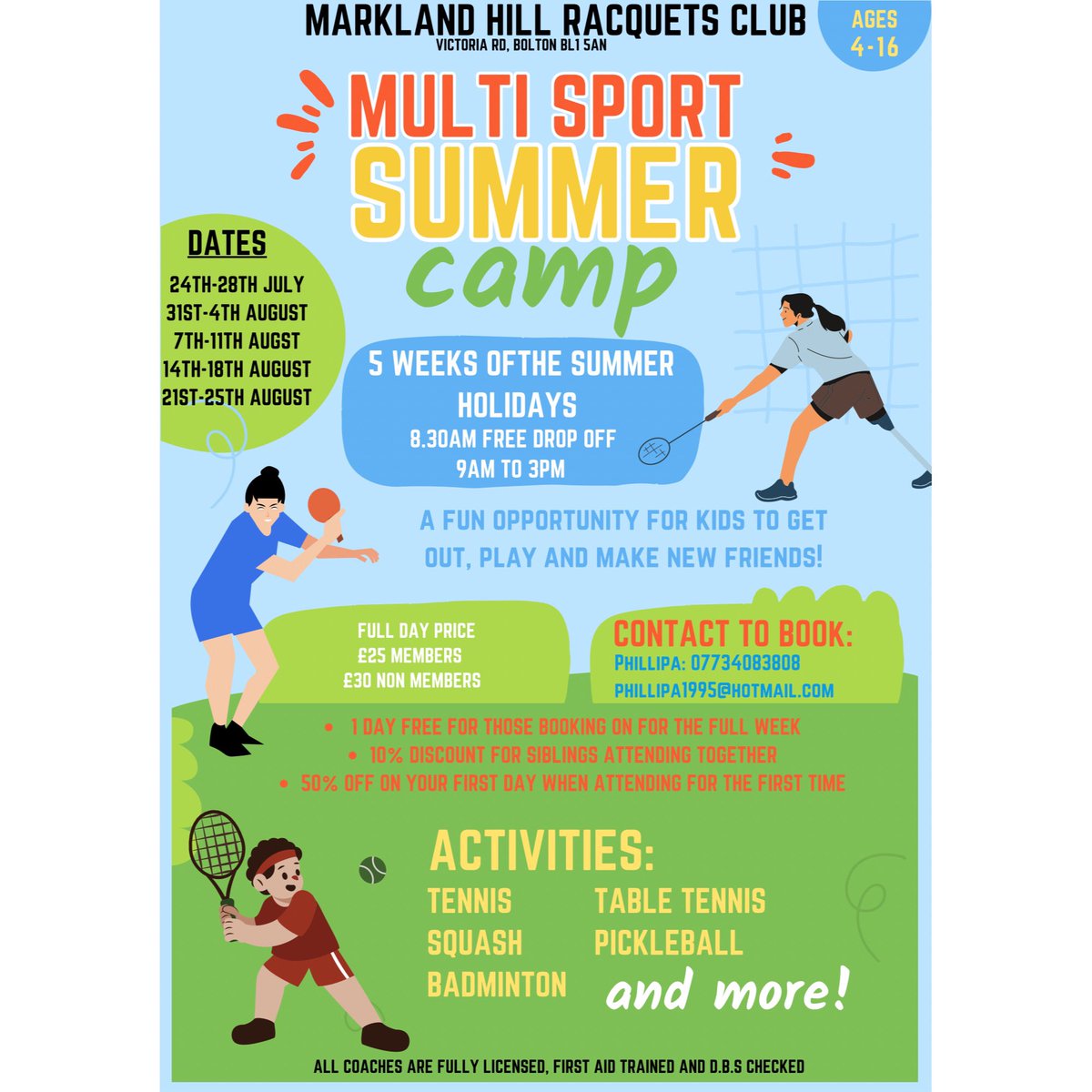 Not long until our multi sport camps start! Places filling up 🎾🏸🏓 be sure to book soon to secure your place 😄 contact 07734083808 to book your first day at 50% off the price 🎾