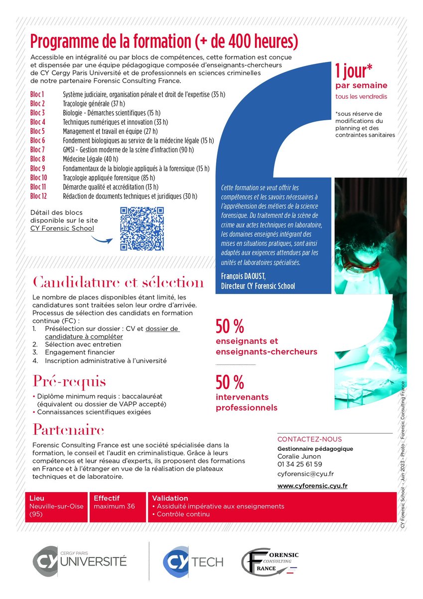 #formpro | Biologie, balistique, numérique, ou encore médecine légale vous intéressent ? 

À la rentrée 2023, #CYForensicSchool propose une nouvelle formation en partenariat avec #ForensicConsultingFrance : le Diplôme Universitaire Science #Forensique.

ℹ️ cyforensic@cyu.fr