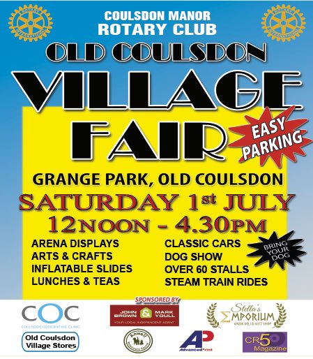 RotaryCoulsdonM's tweet image. It’s today, The Old Coulsdon Village Fair. 12 Noon - 4.30 PM with something for everyone. 
Nearly 80 Stalls, plus Arena events, Dog Show, Classic Cars &amp;amp; Bikes, Food &amp;amp; Drink, Climbing Tower and more.