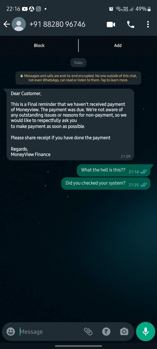 iamamolkamble's tweet image. Hey @MoneyView, I made my payment on time and now I&apos;m being harassed for it after 8 pm. This is not cool! Can you please look into this and resolve it ASAP? #CustomerService #PaymentIssue #UnprofessionalBehavior @RBI @collectionteamHarrasment