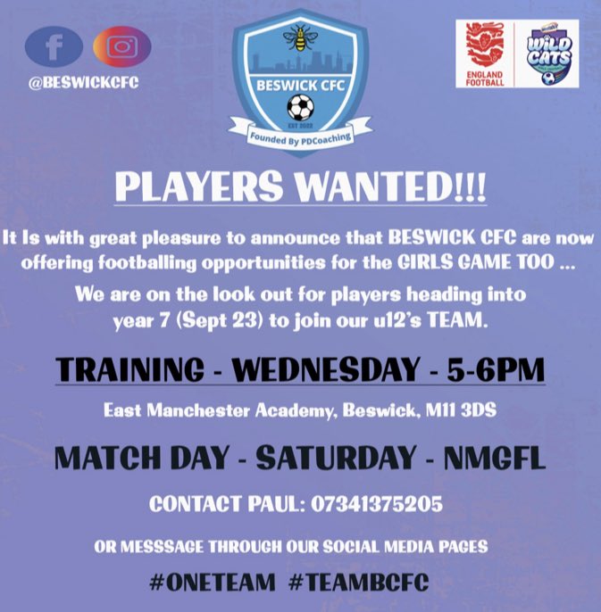 BeswickCfc's tweet photo. Where Them Girls At❓⚽️
We are excited to announce that we are expanding our offering of footballing opportunities to not just more children, but with the inclusion of Girls Football
#ONETEAM #TEAMBCFC ⚽️🩵🤍
#girlsfootball #thisgirlcan #manchesterfa #football #girlsgametoo https://t.co/Zqwd2nqitr