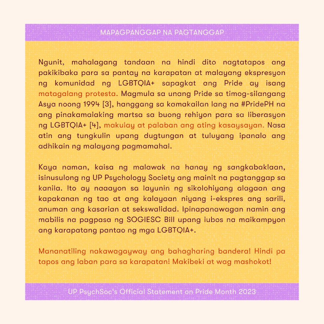UPDPsychSoc's tweet photo. UP PSYCHSOC'S OFFICIAL STATEMENT ON PRIDE MONTH 2023

Mananatiling nakawagayway ang bahagharing bandera! Hindi pa tapos ang laban para sa karapatan! Makibeki at ‘wag mashokot! https://t.co/q3D4Y6nwFL