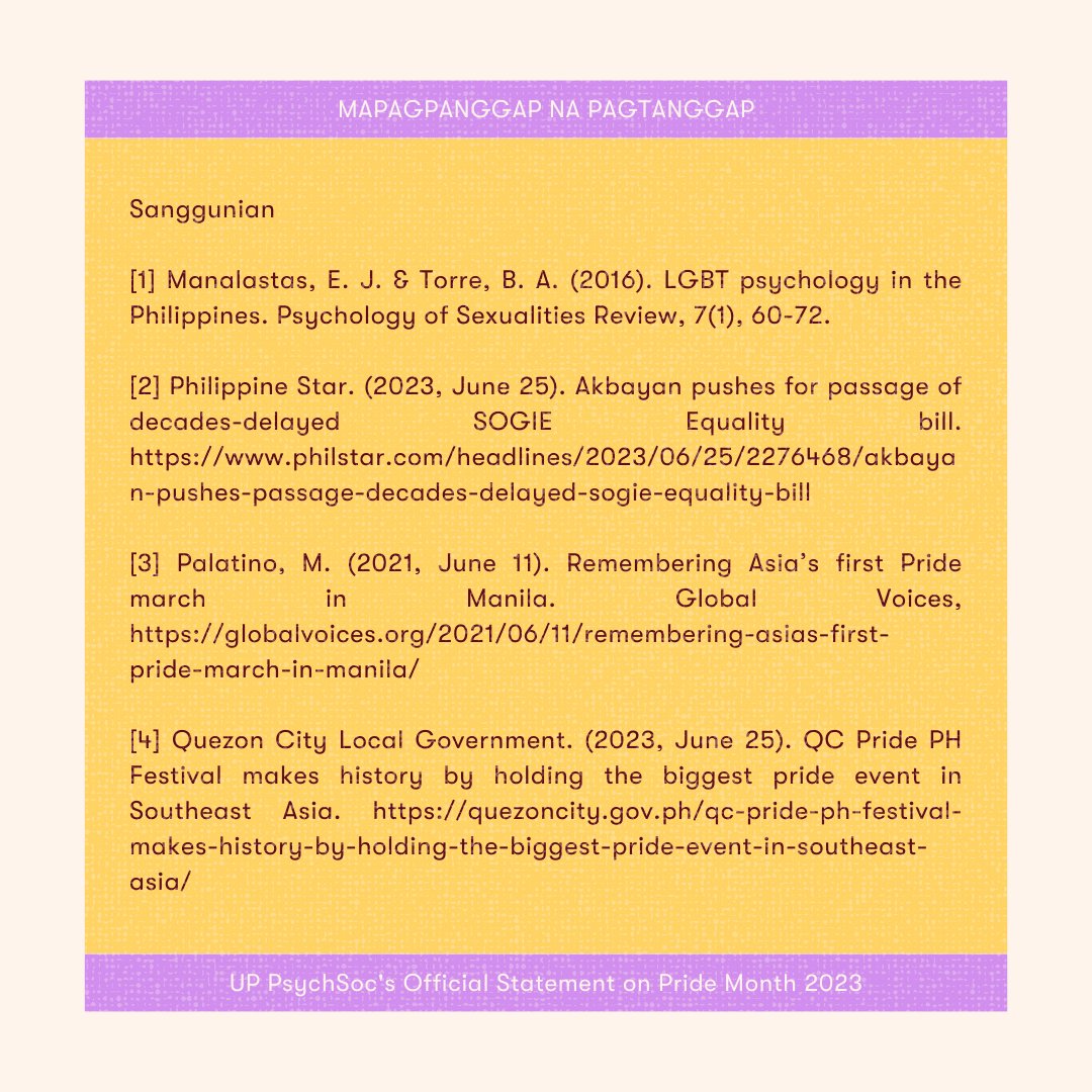 UPDPsychSoc's tweet photo. UP PSYCHSOC'S OFFICIAL STATEMENT ON PRIDE MONTH 2023

Mananatiling nakawagayway ang bahagharing bandera! Hindi pa tapos ang laban para sa karapatan! Makibeki at ‘wag mashokot! https://t.co/q3D4Y6nwFL