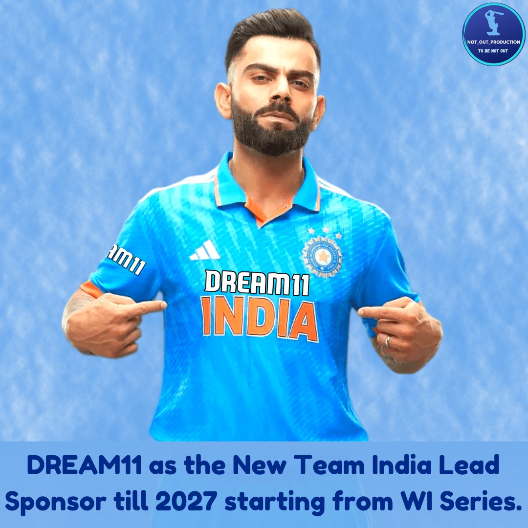 NOT_OUT_PROD's tweet photo. DREAM 11 will be the new Jersey Sponsor for #TeamIndia till 2027.

#Dream11 #NewSponsor #Adidas #India2023 #WIvsIND #Explore #Trending #NotOutProduction #ToBeNotOut https://t.co/ONIurzgOzD
