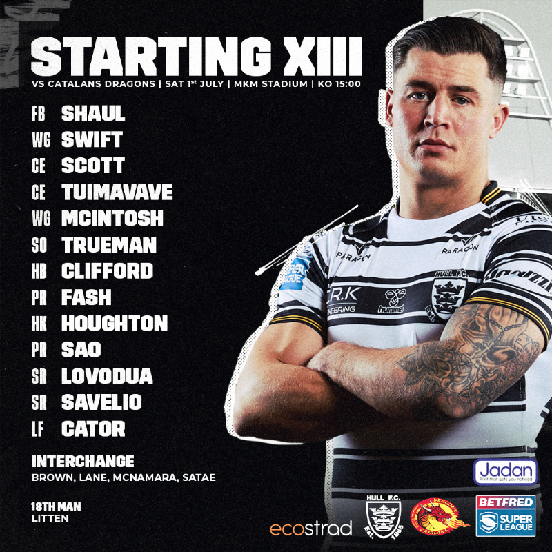 hullfcofficial's tweet photo. 📋 The team news is in for this afternoon's Betfred Super League Round 17 clash against @DragonsOfficiel at the MKM Stadium (3.00pm)...

🤝 In association with @JadanPress.

⚫️⚪️ #COYH | @ecostrad