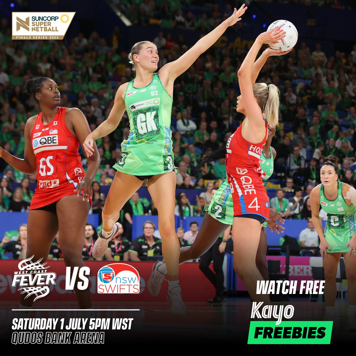 We are just ONE hour away from taking on the Swifts! Watch 𝑳𝑰𝑽𝑬 & 𝑭𝑹𝑬𝑬 on Kayo Freebies➡ hubs.la/Q01WbB050