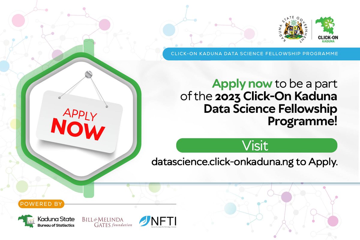 ClickOnKaduna's tweet photo. The Kaduna State Bureau of Statistics @KDBStatisticsNG, in partnership with the Bill and Melinda Gates Foundation @gatesfoundation, and the Natview Foundation for Technology Innovation @NFTIAfrica, invites passionate young individuals to apply to join the third cohort of the prestigious Click-On Kaduna Data Science Fellowship Programme under the Amina J Mohammed SDGs Data Lab Project. 
We are seeking dedicated young people who are eager to create a significant social impact. If you are driven to support the @contactkdsg in making well-informed decisions about policies, programmes, and projects across key sectors of the State's economy, this is your opportunity to contribute to the government's efforts. 
Click https://t.co/B9oS73lzRn to apply.
Application closes Friday, 21st July 2023.
#ClickOnKadunaDSFP #DataScience