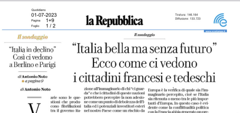 La Francia brucia, la Germania è in recessione ma secondo un sondaggio di ⁦@repubblica⁩ per tedeschi e francesi  l’Italia è in declino. Tempismo straordinario. Messaggio sottostante: italiani continuate a sentirvi inferiori. Ma anche, finalmente, no.