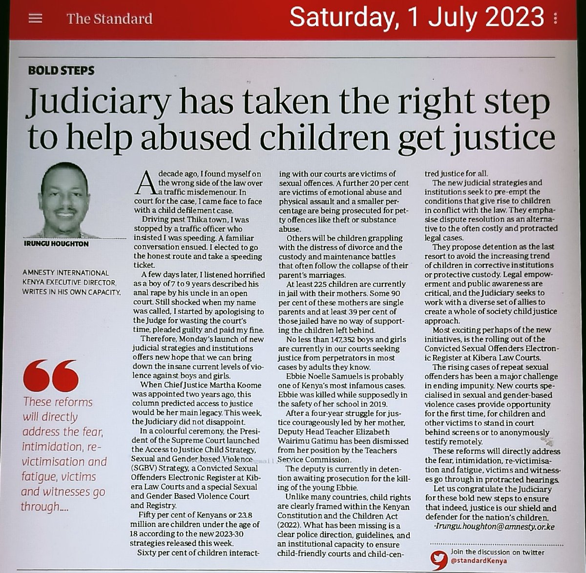 irunguhoughton's tweet photo. "Child rape and gender based violence remains endemic. Beautiful laws must be owned and implemented." @CJMarthaKoome at
#iamnala #NFS2023
Today's #StandardSettingKE opinion on the excellent @Kenyajudiciary reforms launched this week.
#JusticeLoading https://t.co/UxVPEMZzJF