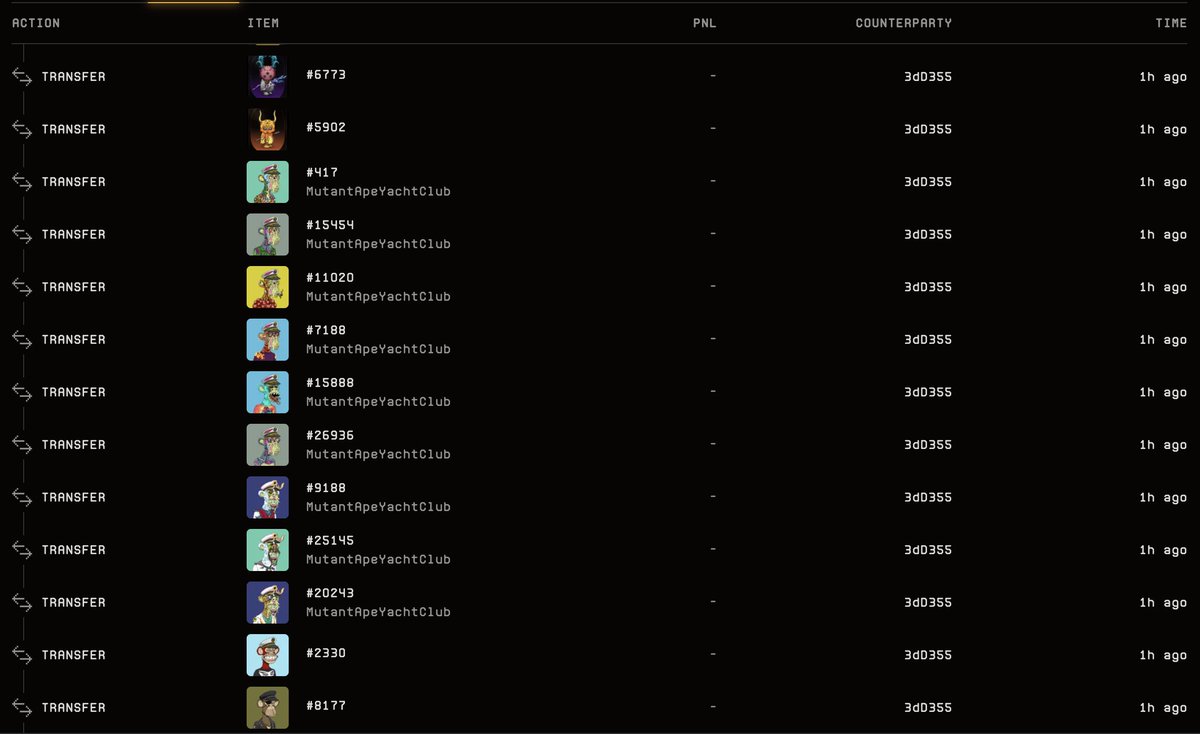 Ah man worst account drain I've seen in a while 2 BAYC, 9 MAYC, 2 BAKC, 5 Kodas, 3 Penguins, 11 Otherdeeds, and 5 HV-MTL all phished likely through a fake HV-MTL game site Apes were fully staked too so ~$600k in assets gone in a second Careful out there gamers