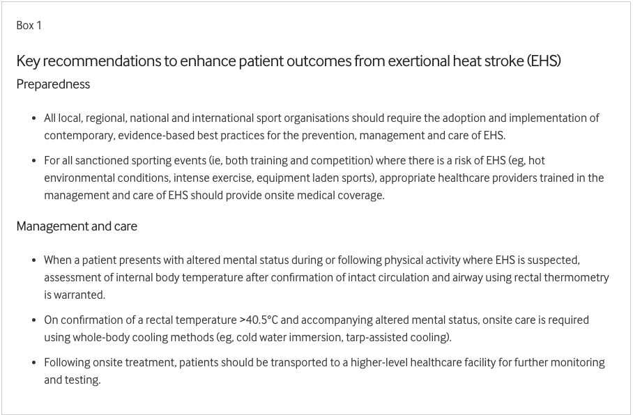 BJSM_BMJ's tweet photo. ⚠️ How can we enhance exertional heat stroke patient care? 🔥 😪
NEW #Editorial highlights where we are now and where we need to go! 🤔
See the #KeyRecommendations👇
Full article ➡️ https://t.co/rdC5yIgKyJ https://t.co/ORGAAWHkgc