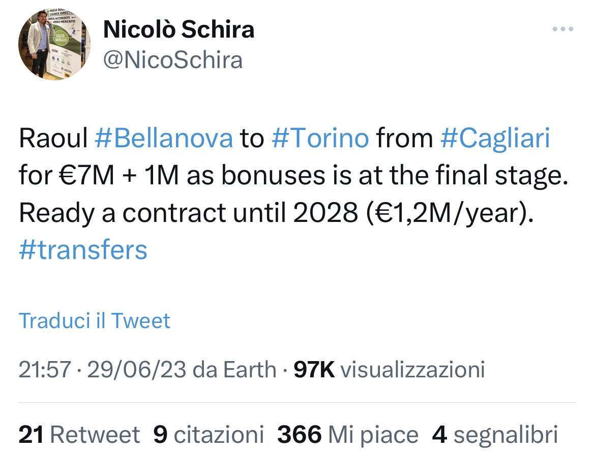 NicoSchira's tweet photo. Now it’s official! Raoul #Bellanova to #Torino from #Cagliari for €7M + 1M as bonuses. Contract until 2027 (€1,2M/year) with option for 2028. No surprise here and confirmed!#transfsrs https://t.co/wX609e5ATL