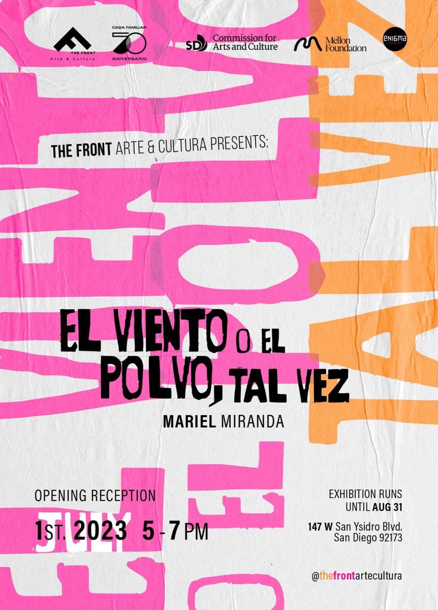 Recepción de apertura de la exposición “El viento o el polvo, tal vez” de la artista Mariel Miranda, el 1 de julio de 2023, de 6:00pm a 8:00pm, en The FRONT Arte y Cultura, 47 W. San Ysidro Blvd, San Diego California.
#FotografasdelNorte #SanDiegoCalifornia #TheFrontArteyCultura